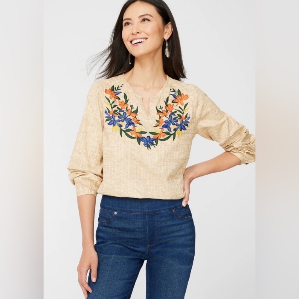 Chicos Tan Floral Embroidered Split Neck Blouse Long Sleeve Batik Top 1 M/L